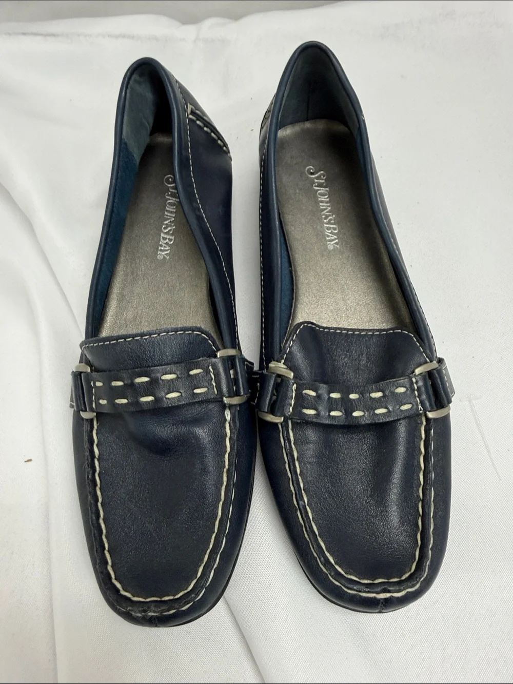 St. John's Bay Navy Leather Loafers with White Stitching